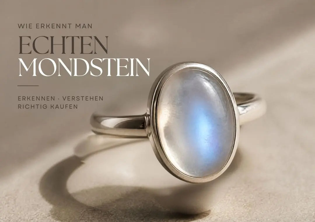 Makroaufnahme eines 925 Silberrings mit echtem Mondstein und sichtbarer bläulich-weisser Adulareszenz