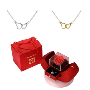 Necklace with 2 hearts and a red rose gift box - Silver