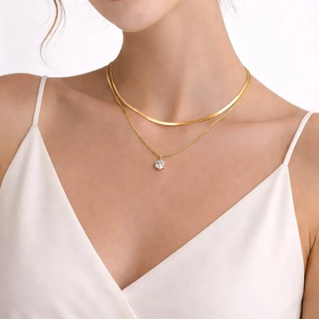Doppel Gold Halskette mit Zirkonia - GOLDEN LAYER SHINE Halsketten KOOMPLIMENTS