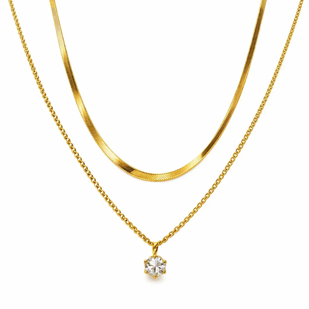 Doppel Gold Halskette mit Zirkonia - GOLDEN LAYER SHINE Halsketten KOOMPLIMENTS