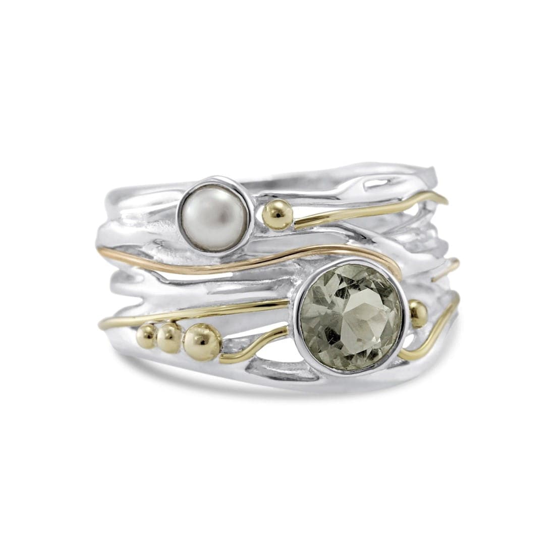 Breiter Silberring mit grünem Amethyst und Süßwasserperle Ringe KOOMPLIMENTS