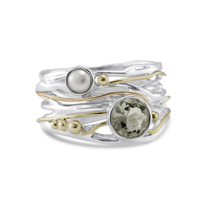 Large bague en argent avec améthyste verte et perle d'eau douce