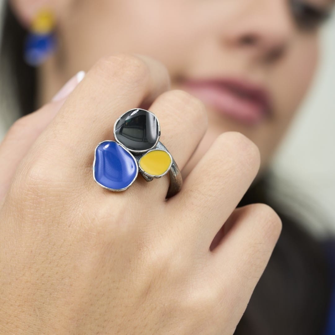 Designer Silberring 3 blau gelb schwarz - COLORAMA Ringe KOOMPLIMENTS