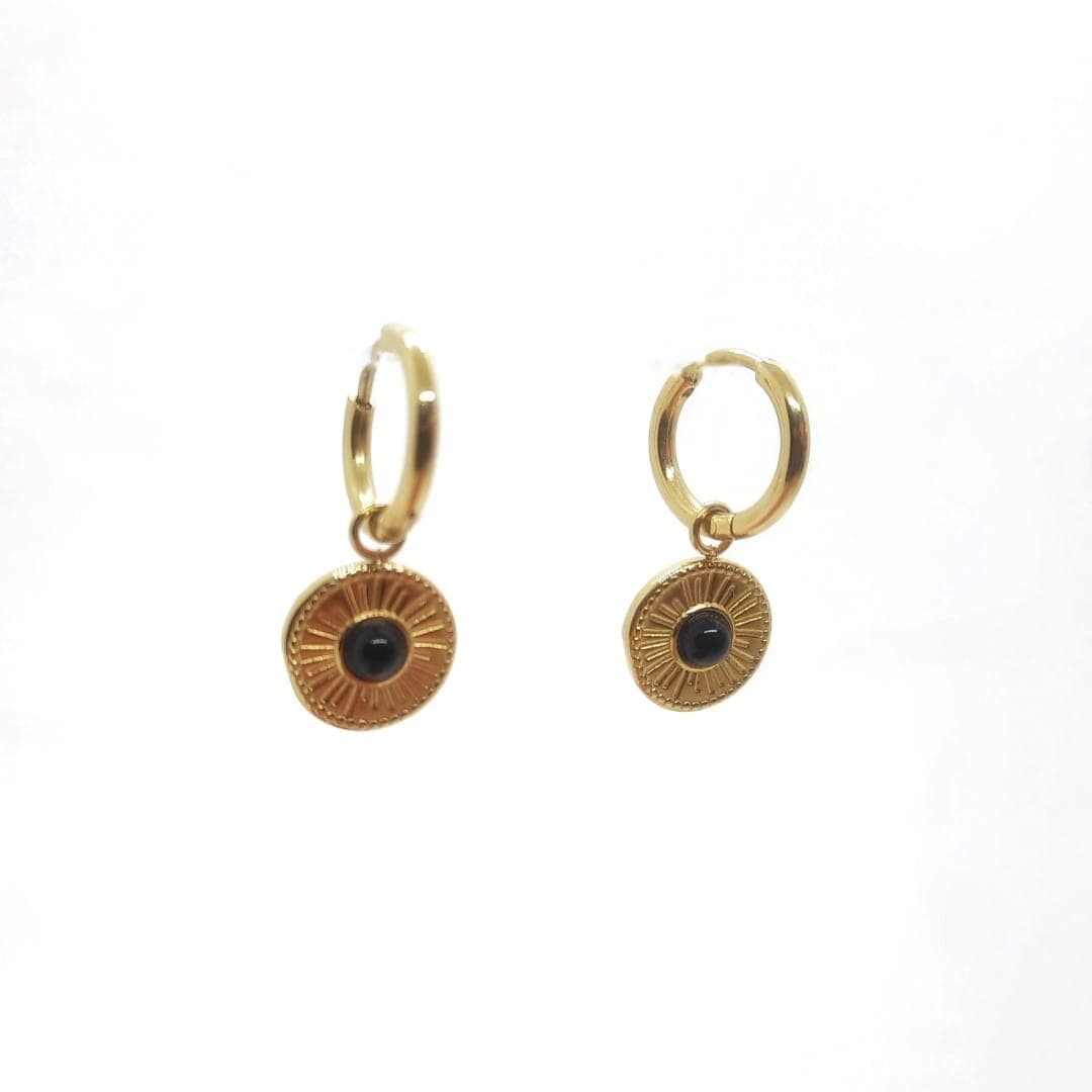 Gold Edelstahl Creolen mit schwarzem Stein Ohrringe KOOMPLIMENTS
