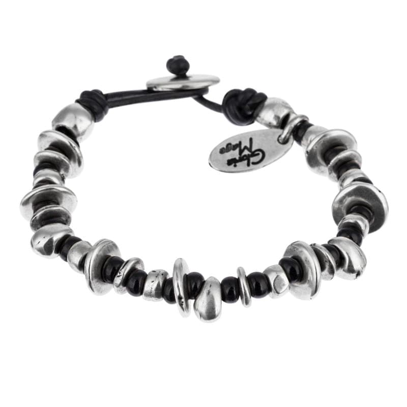 Schwarzes Lederarmband mit Scheiben und Perlen Armband KOOMPLIMENTS
